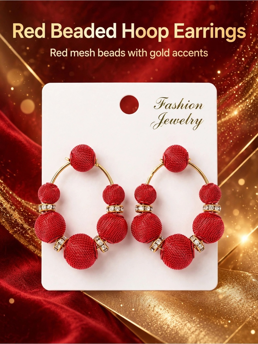 Fashion Jewelry Red Beaded Hoop Earrings with Gold Accents